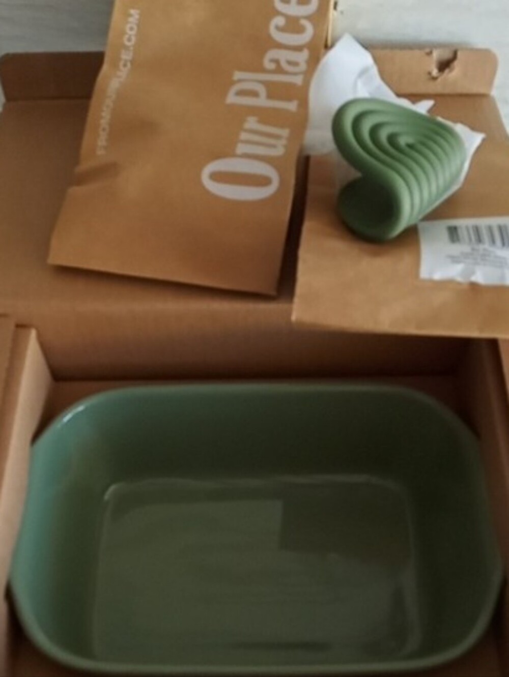 Our Place Sage Green Glazed Ceramic Bake Dish 2.25qt/2L & Hot Grips, New